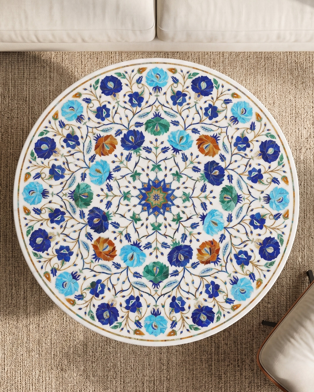 White Marble Round Coffee Table with Colorful Floral Inlay Design