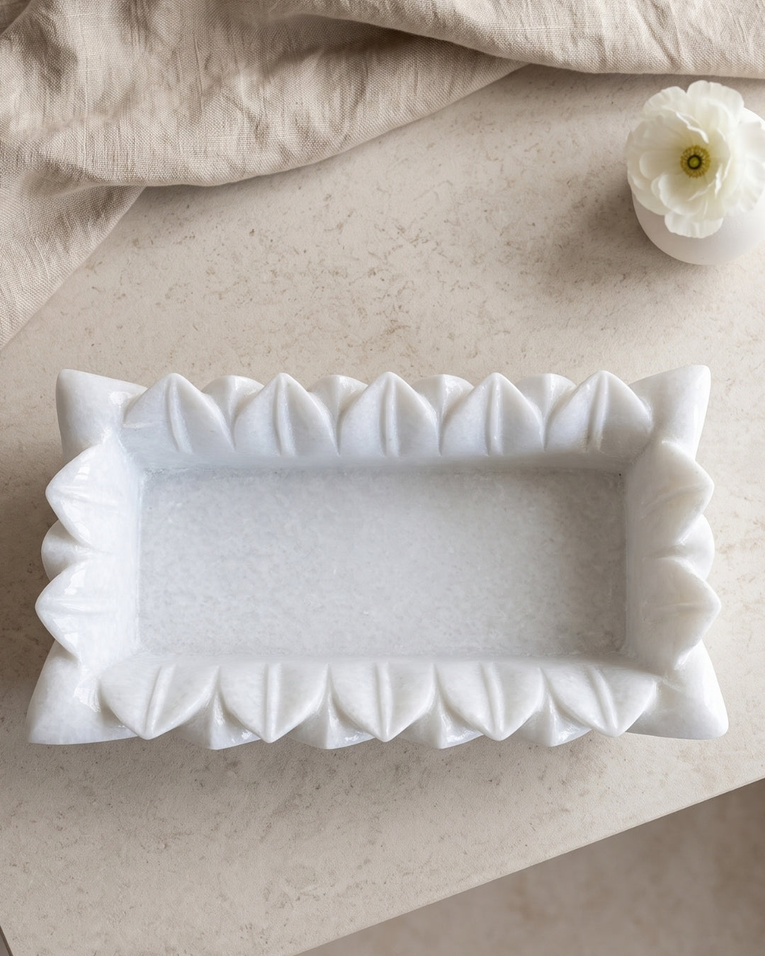Hand-Carved White Marble Rectangular Decorative Tray with Lotus Petal Design