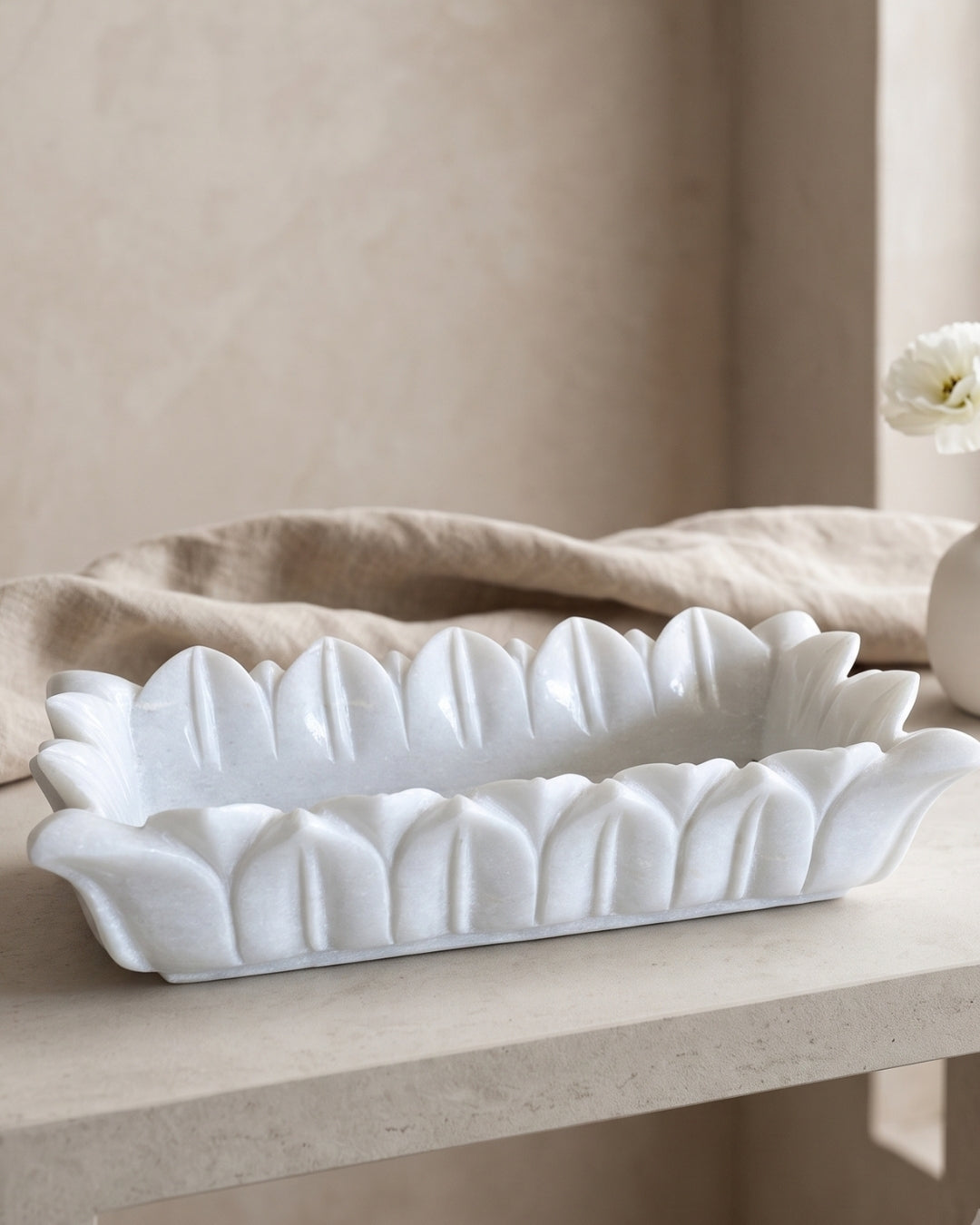 Hand-Carved White Marble Rectangular Decorative Tray with Lotus Petal Design