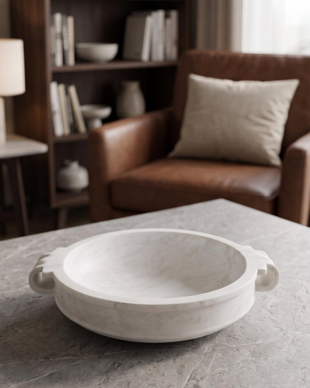 Hand-Carved White Marble Round Bowl with Side Handle Design