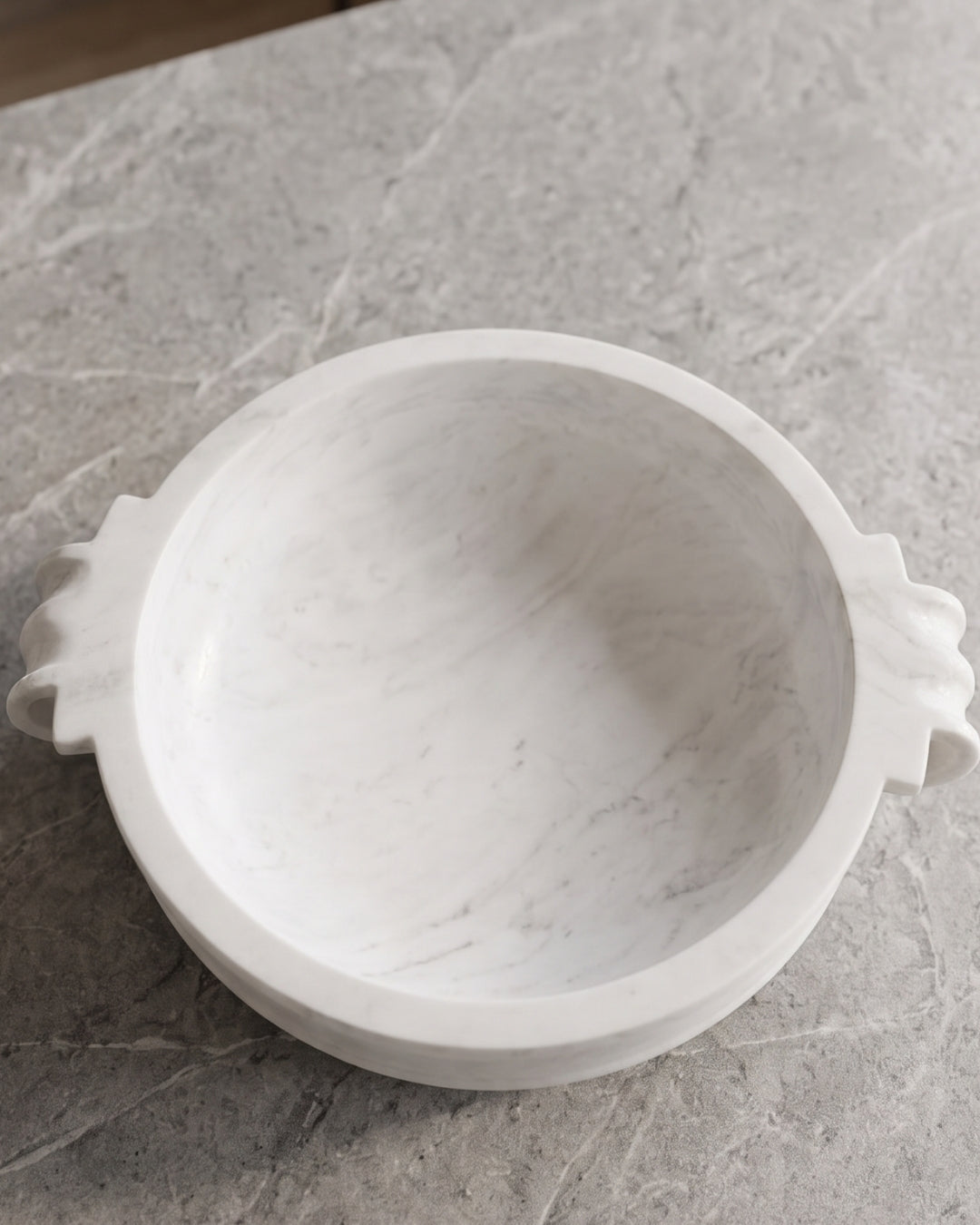 Hand-Carved White Marble Round Bowl with Side Handle Design