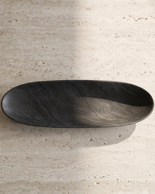 Hand-Carved Black Marble Oval Decorative Bowl