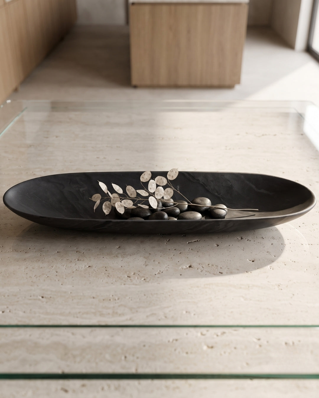 Hand-Carved Black Marble Oval Decorative Bowl