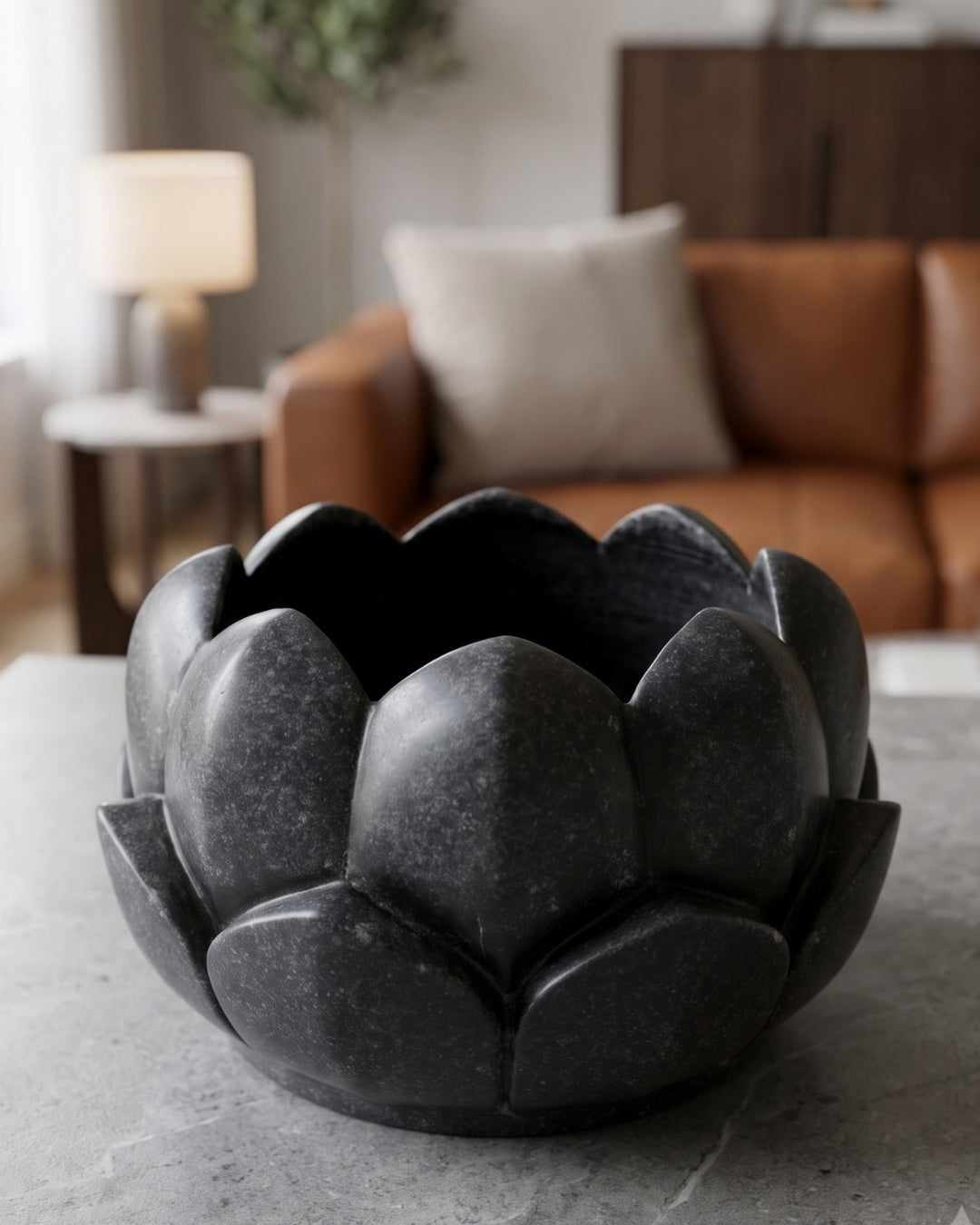 Hand-Carved Black Marble Lotus Decorative Bowl