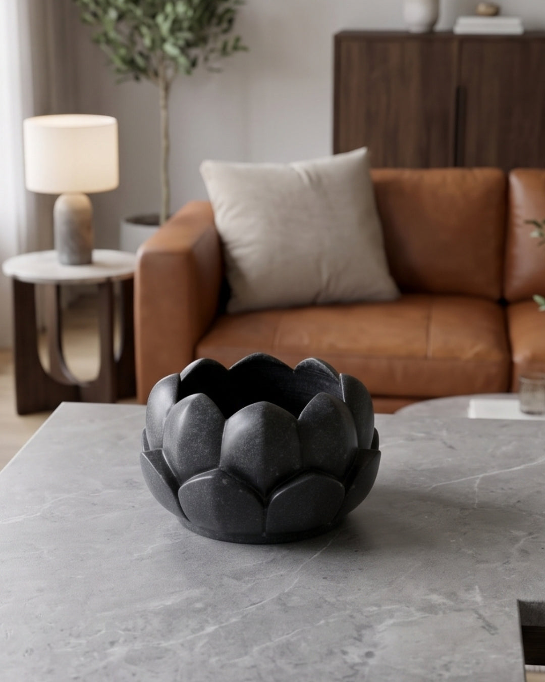 Hand-Carved Black Marble Lotus Decorative Bowl