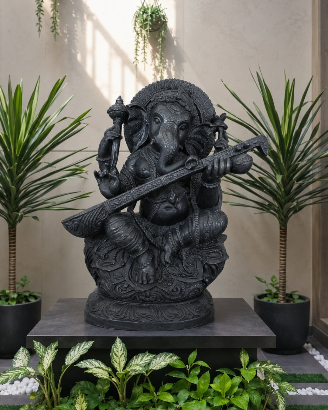 Hand-Carved Black Stone Musical Lord Ganesha Statue with Veena Design
