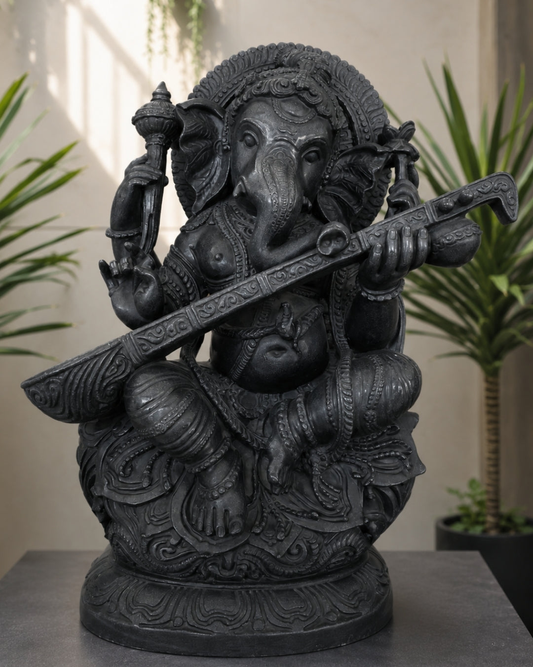 Hand-Carved Black Stone Musical Lord Ganesha Statue with Veena Design