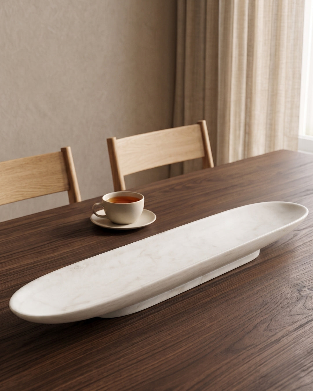 Hand-Carved White Marble Long Oval Decorative Tray