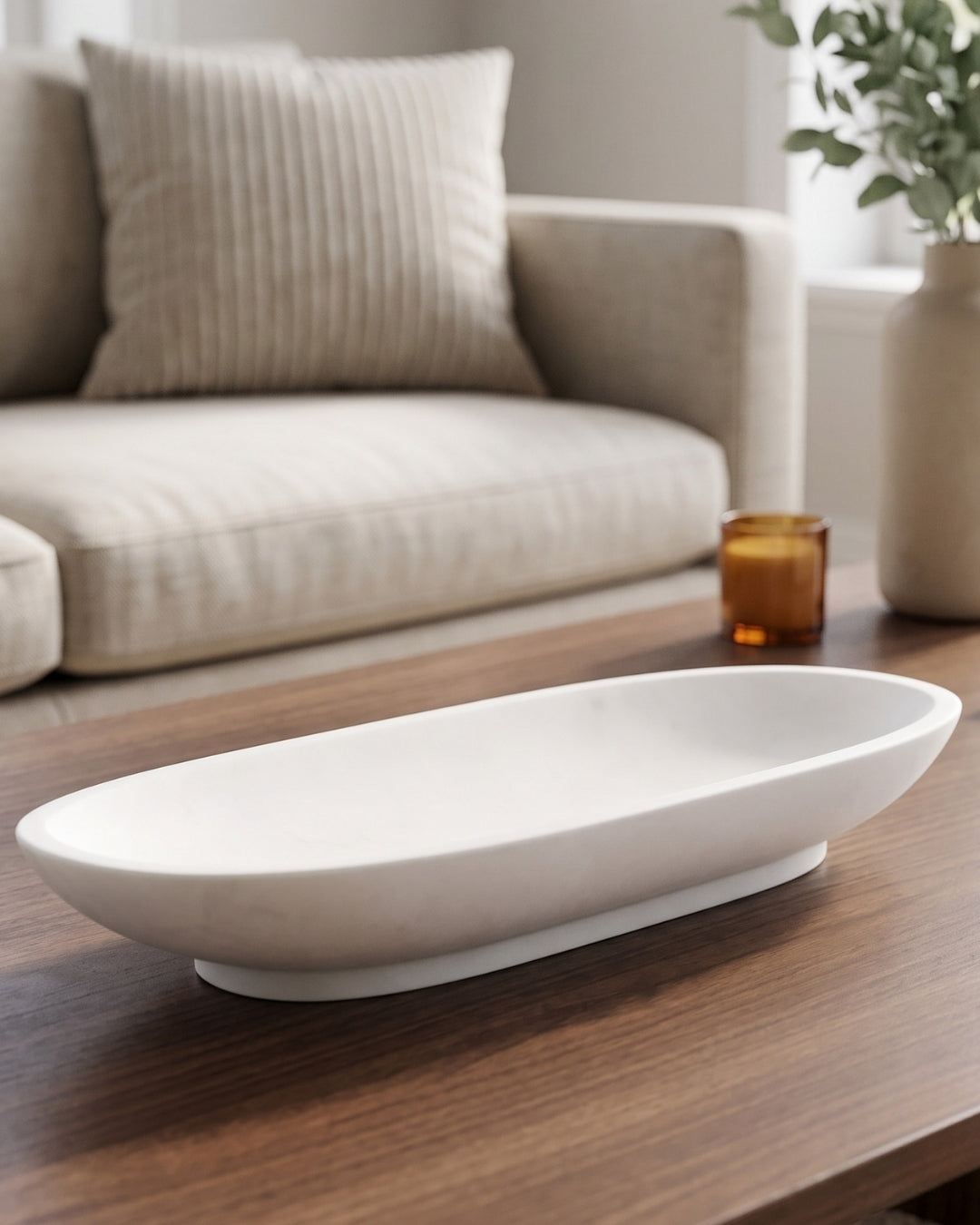 Hand-Carved White Marble Long Oval Decorative Tray