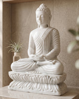 Hand-Carved White Marble Buddha Statue with Lotus Base