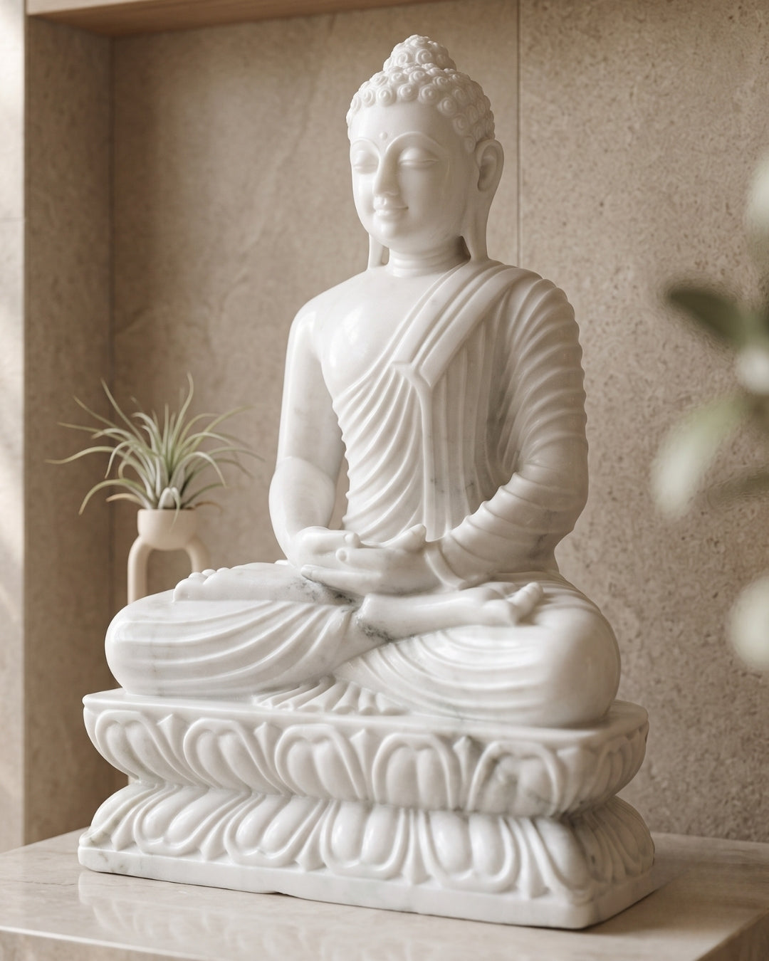 Hand-Carved White Marble Buddha Statue with Lotus Base