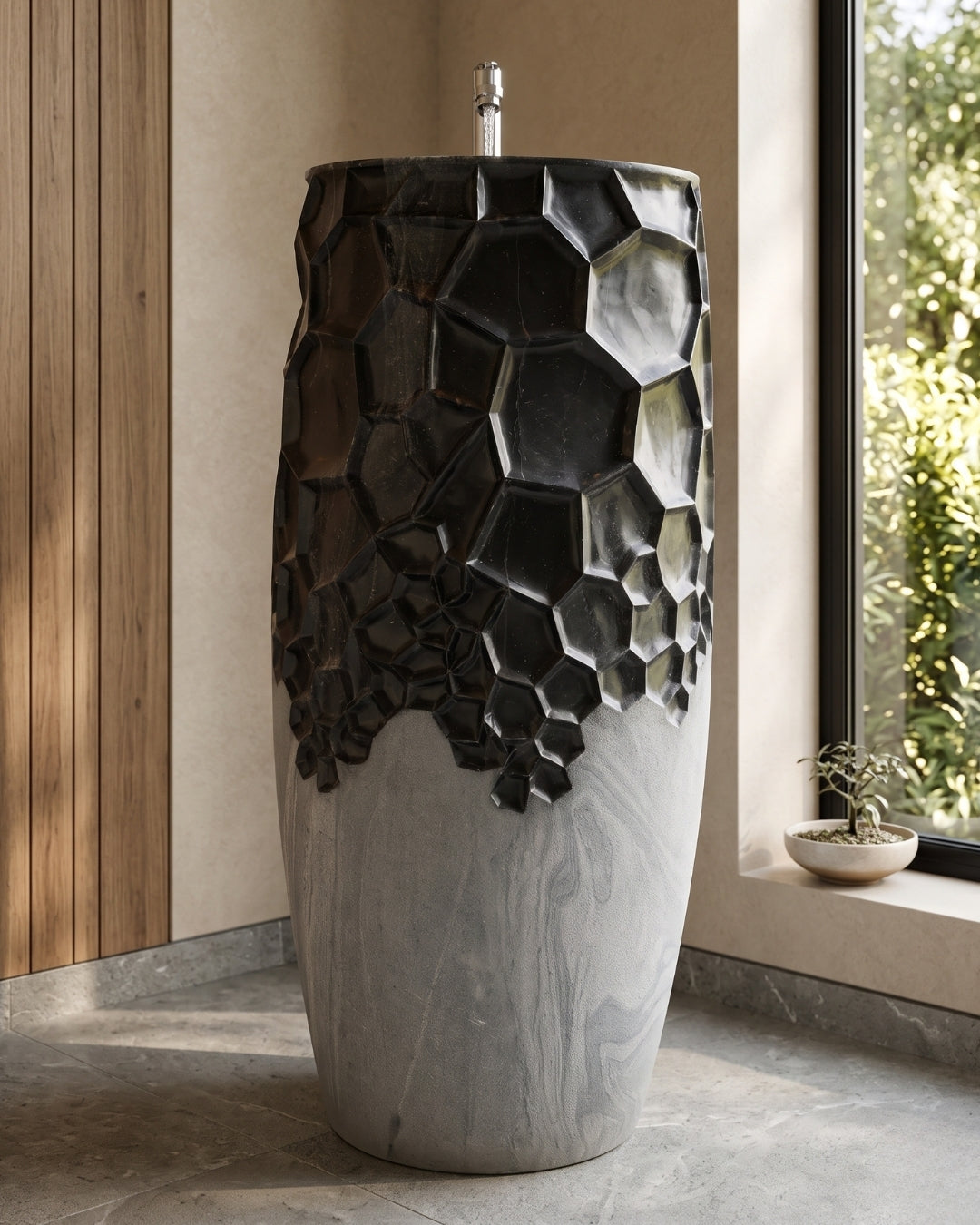 Designer washbasin carved in carbon black marble
