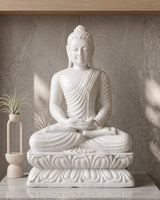 Hand-Carved White Marble Buddha Statue with Lotus Base