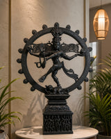 Hand-Carved Black Stone Nataraja Statue with Cosmic Dance Ring