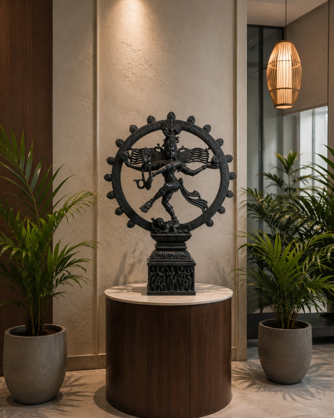 Hand-Carved Black Stone Nataraja Statue with Cosmic Dance Ring
