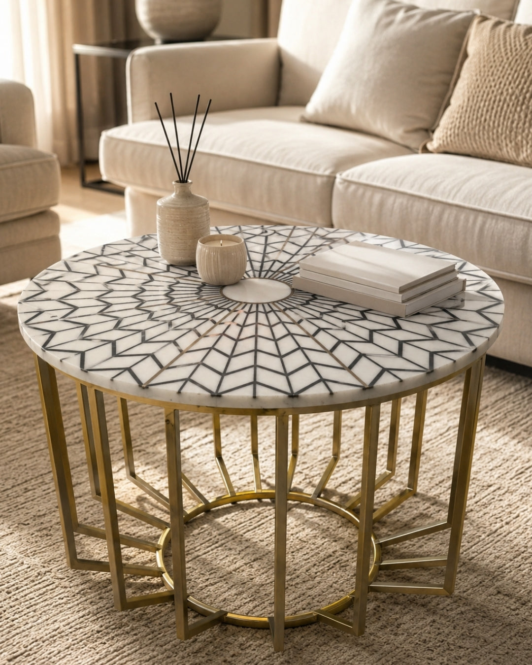 Round Marble Coffee Table with Geometric Inlay Top & Gold Metal Base