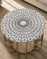 Round Marble Coffee Table with Geometric Inlay Top & Gold Metal Base