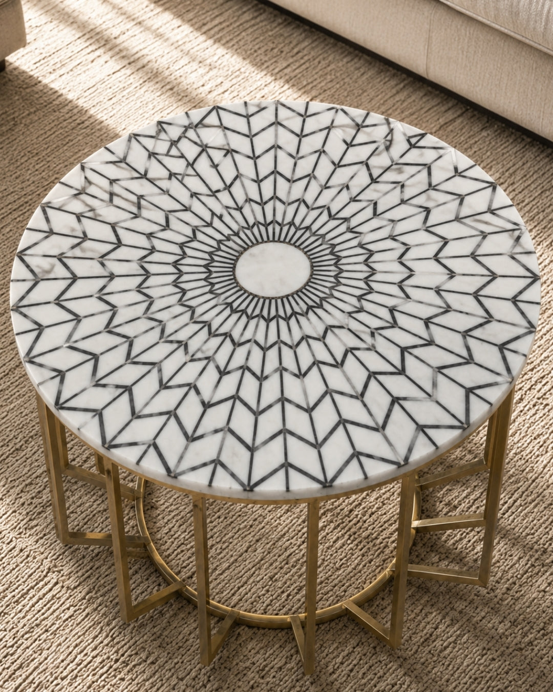 Round Marble Coffee Table with Geometric Inlay Top & Gold Metal Base