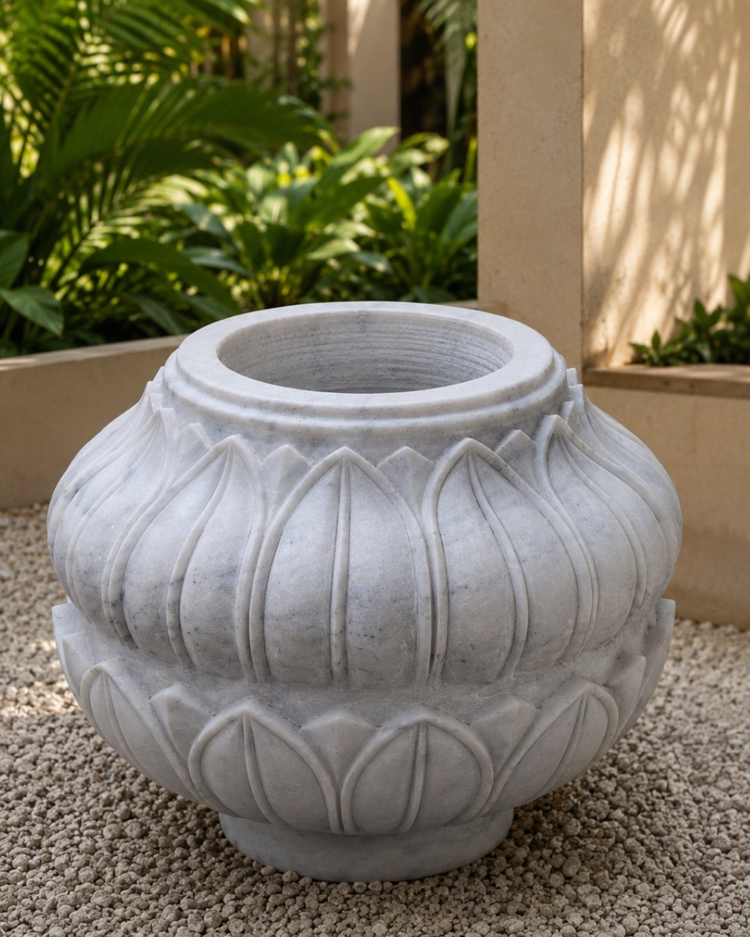 Hand-Carved White Marble Lotus Garden Planter with Floral Petal Design