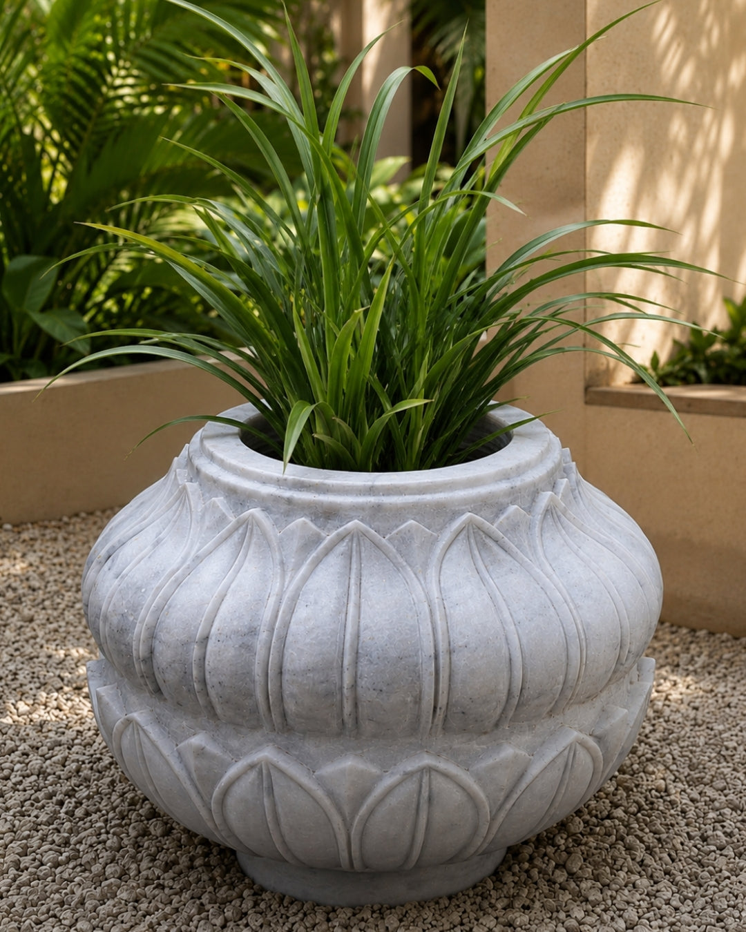 Hand-Carved White Marble Lotus Garden Planter with Floral Petal Design