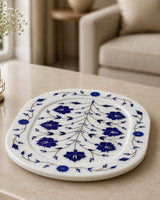 White Marble Square Decorative Tray with Blue Floral Inlay Design