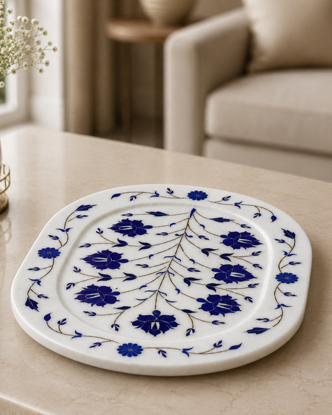 White Marble Square Decorative Tray with Blue Floral Inlay Design