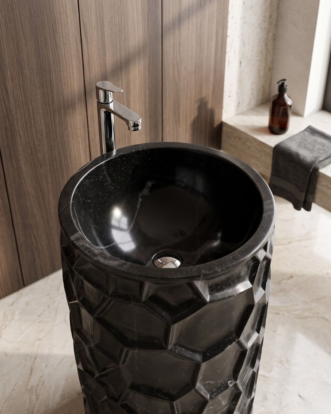 Designer washbasin carved in carbon black marble