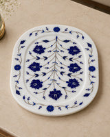 White Marble Square Decorative Tray with Blue Floral Inlay Design