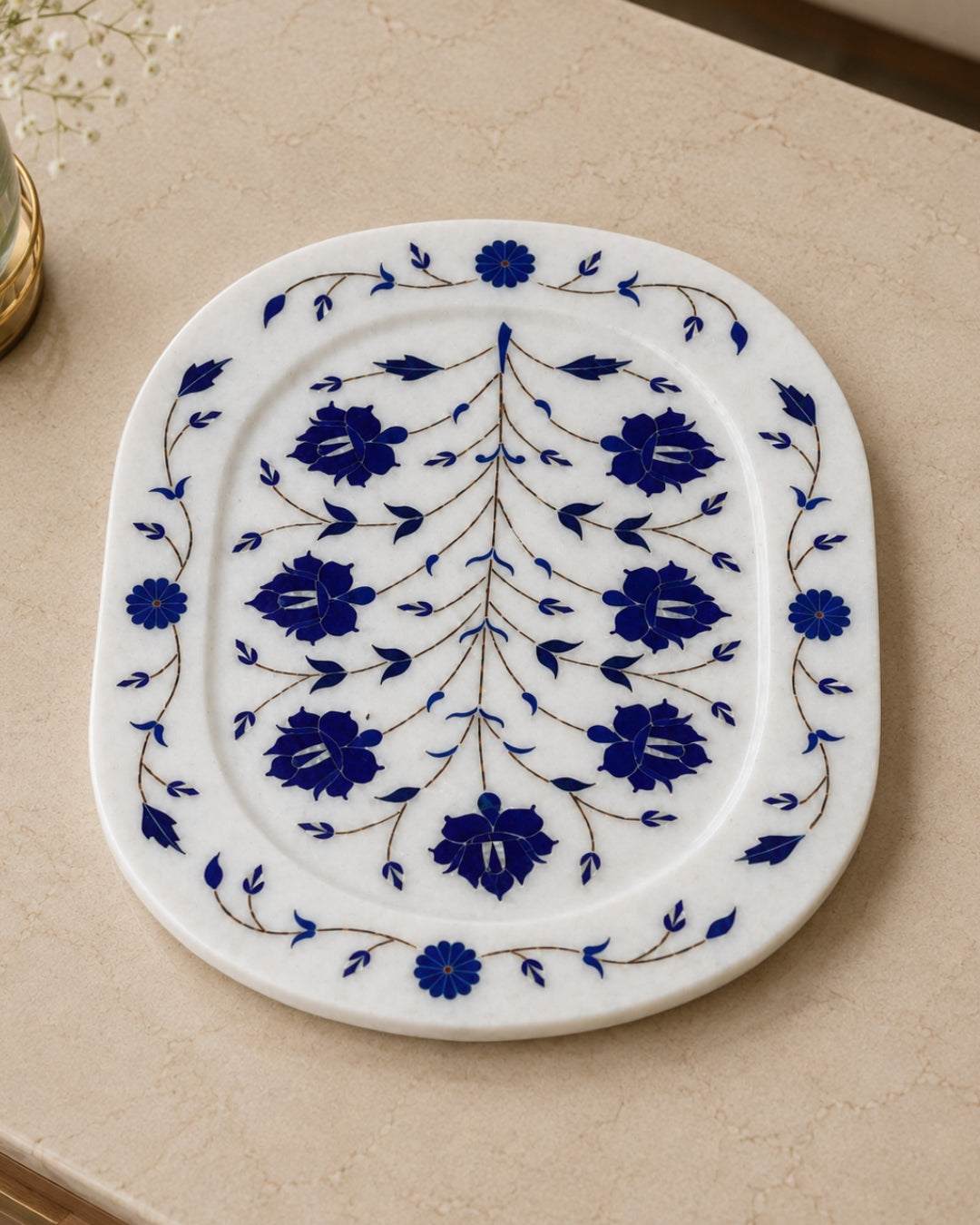 White Marble Square Decorative Tray with Blue Floral Inlay Design