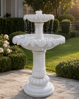 Hand-Carved White Marble Two-Tier Garden Fountain with Lotus Petal Design