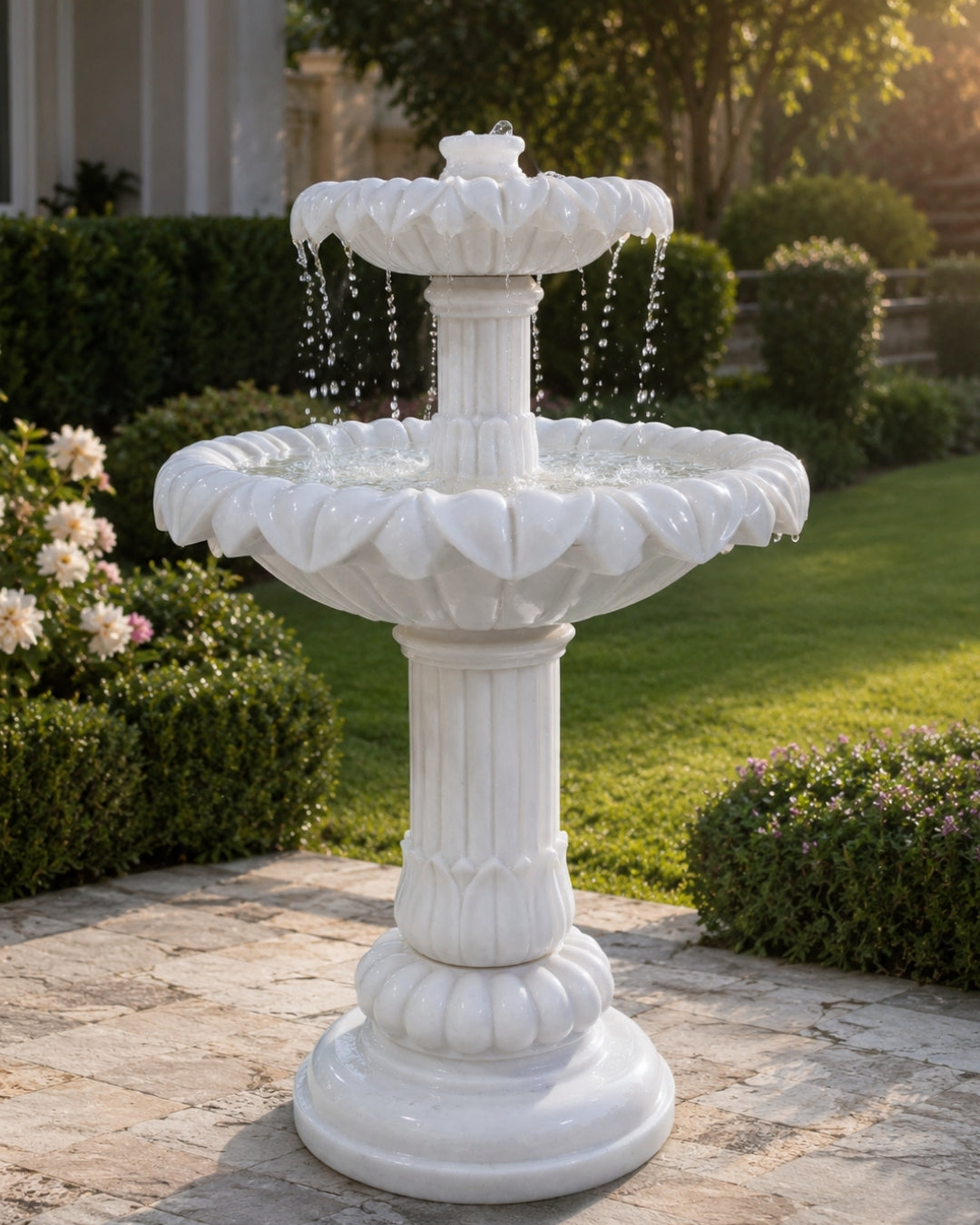 Hand-Carved White Marble Two-Tier Garden Fountain with Lotus Petal Design