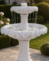 Hand-Carved White Marble Two-Tier Garden Fountain with Lotus Petal Design
