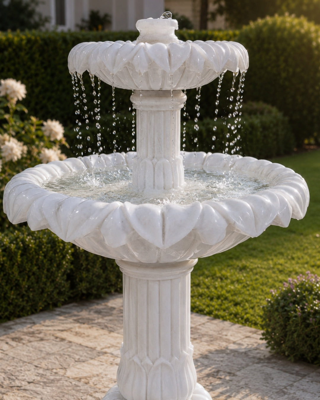 Hand-Carved White Marble Two-Tier Garden Fountain with Lotus Petal Design
