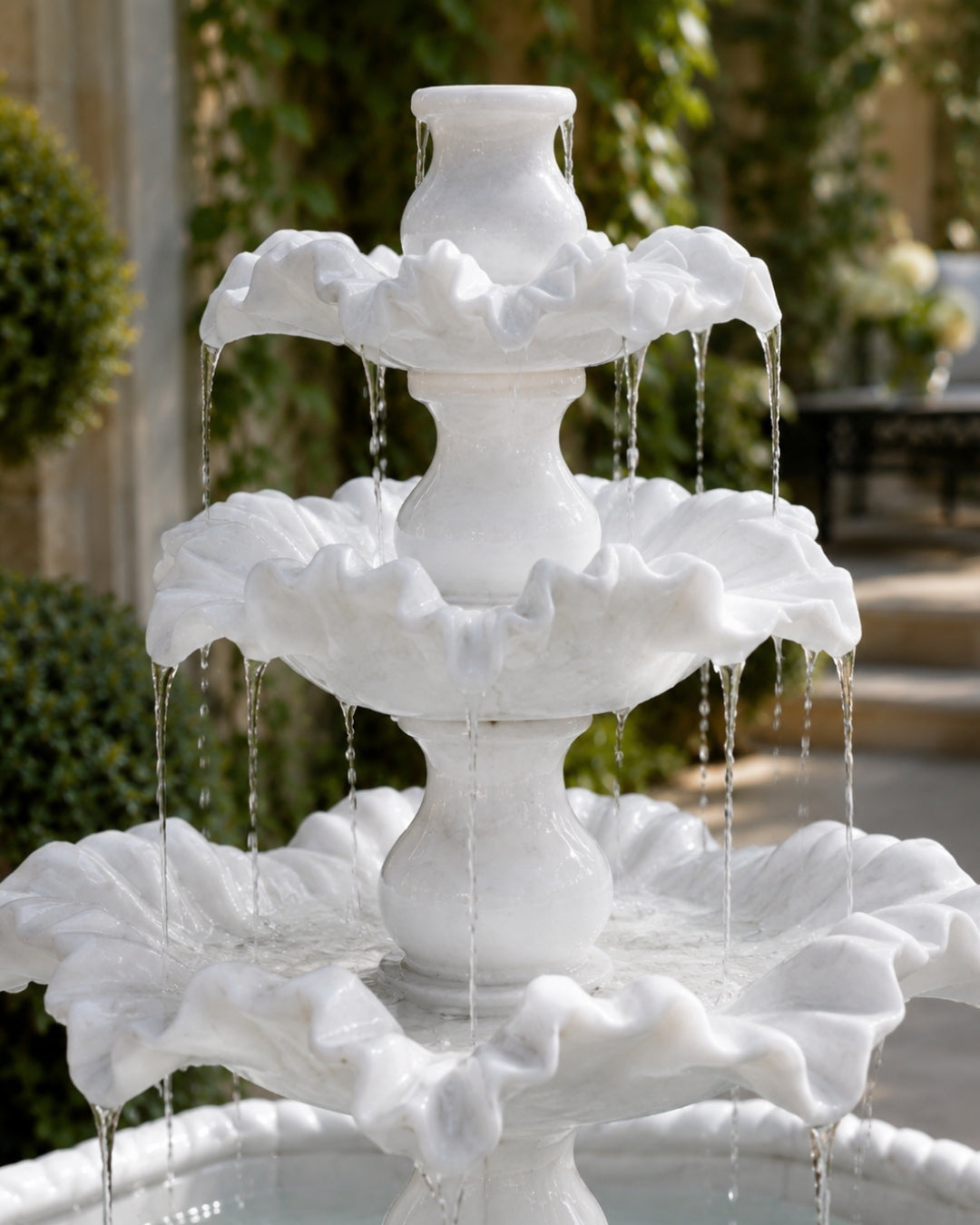 Hand-Carved White Marble Multi-Tier Garden Fountain with Octagon Basin