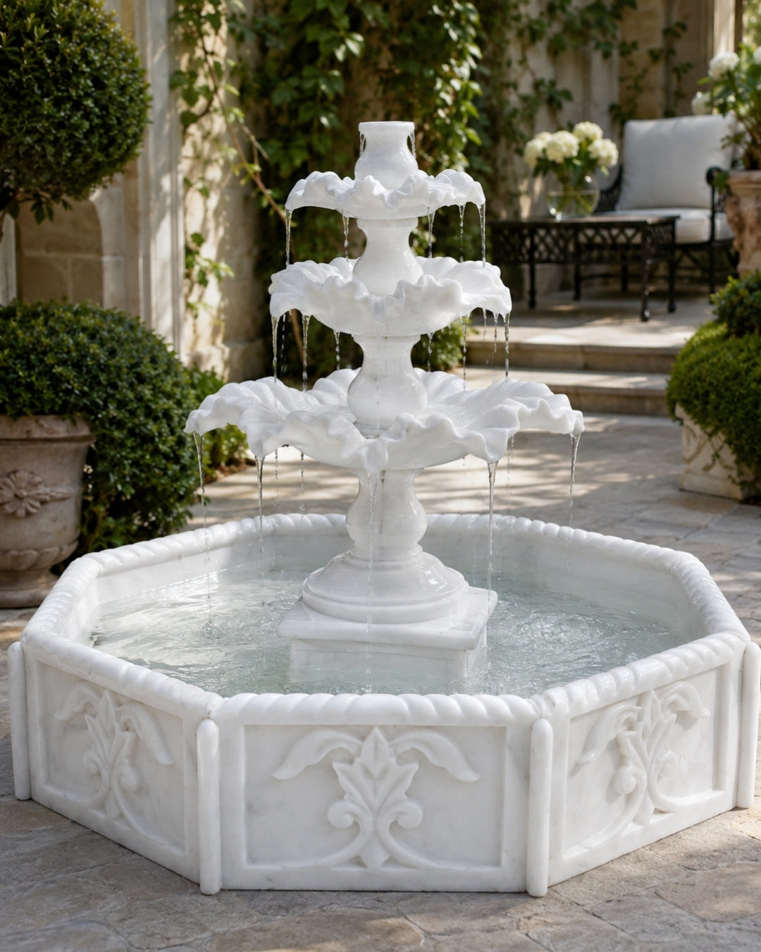 Hand-Carved White Marble Multi-Tier Garden Fountain with Octagon Basin
