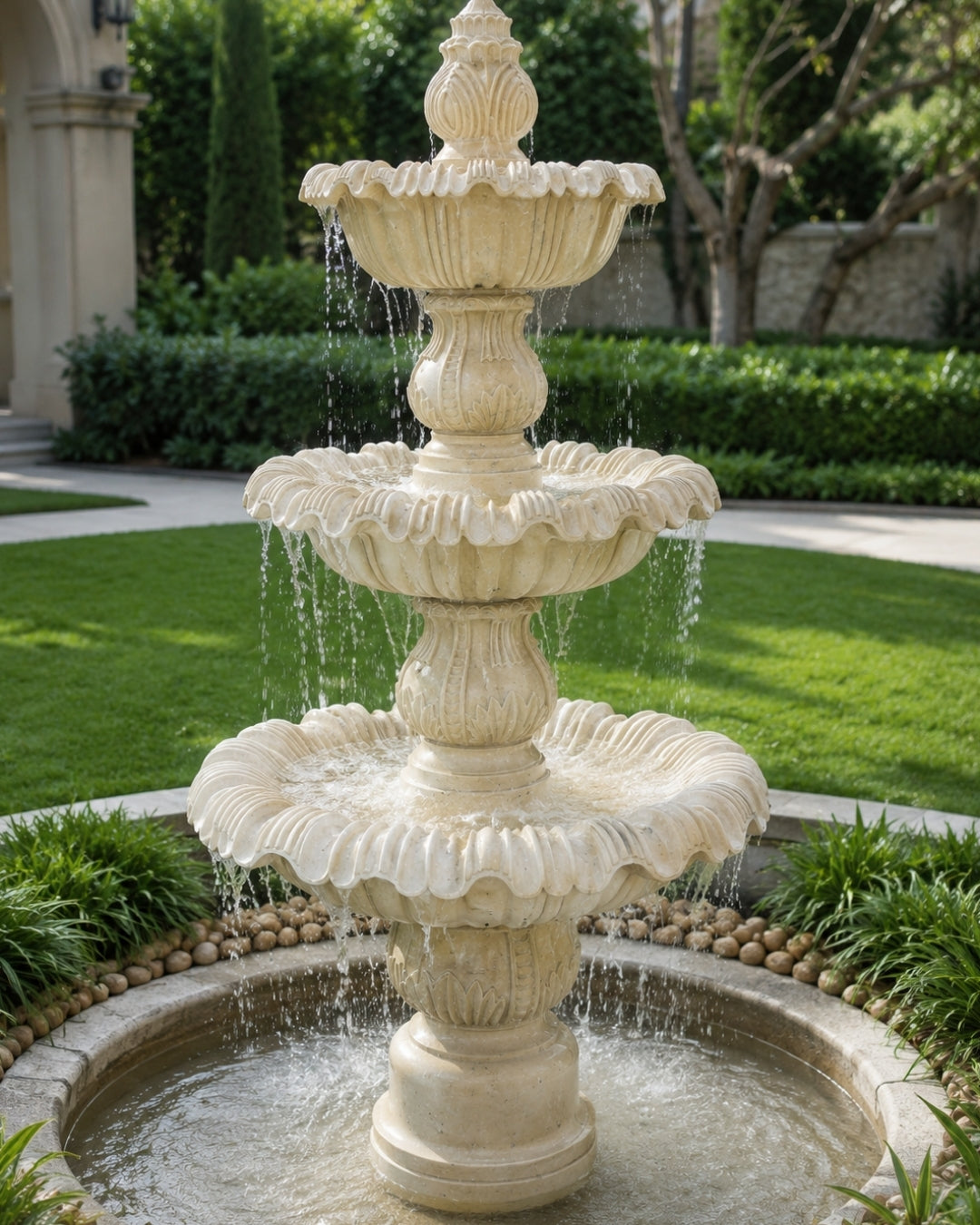 Hand-Carved Cream Marble Three-Tier Garden Fountain with Floral Bowl Design