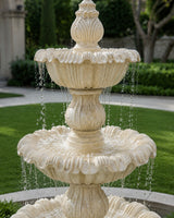 Hand-Carved Cream Marble Three-Tier Garden Fountain with Floral Bowl Design