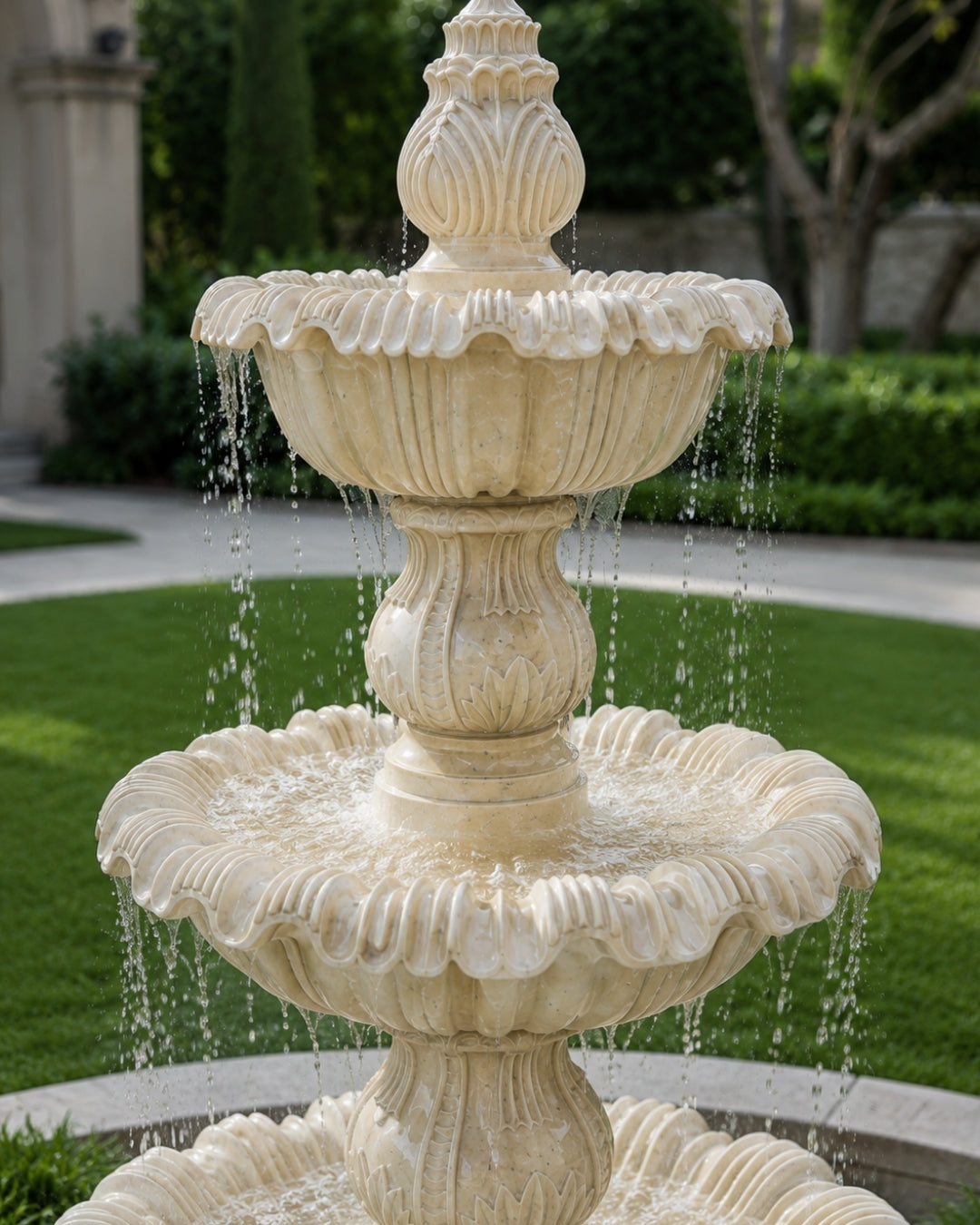 Hand-Carved Cream Marble Three-Tier Garden Fountain with Floral Bowl Design