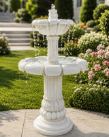 Hand-Carved White Marble Two-Tier Garden Fountain with Lotus Petal Bowl Design
