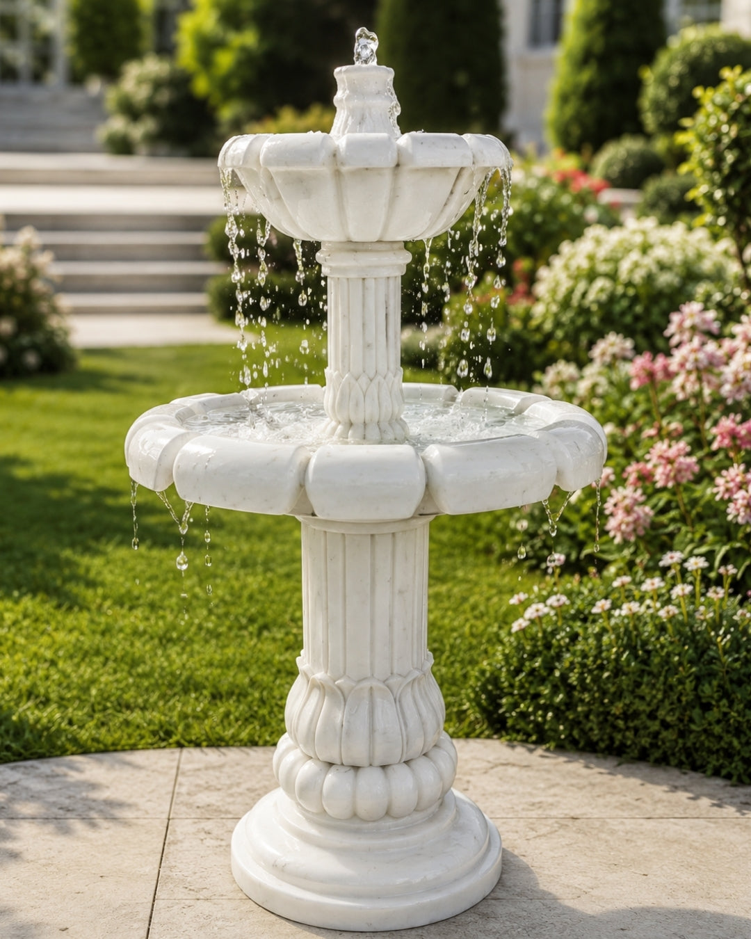 Hand-Carved White Marble Two-Tier Garden Fountain with Lotus Petal Bowl Design