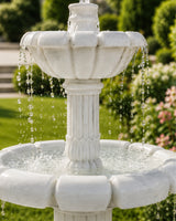 Hand-Carved White Marble Two-Tier Garden Fountain with Lotus Petal Bowl Design