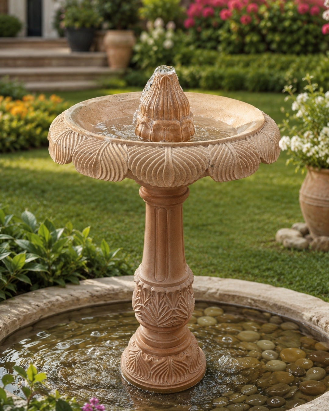 Hand-Carved Sandstone Garden Fountain with Lotus Petal Bowl Design