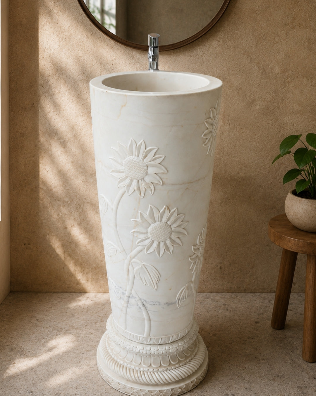 Hand-Carved Floral White Marble Wash Basin