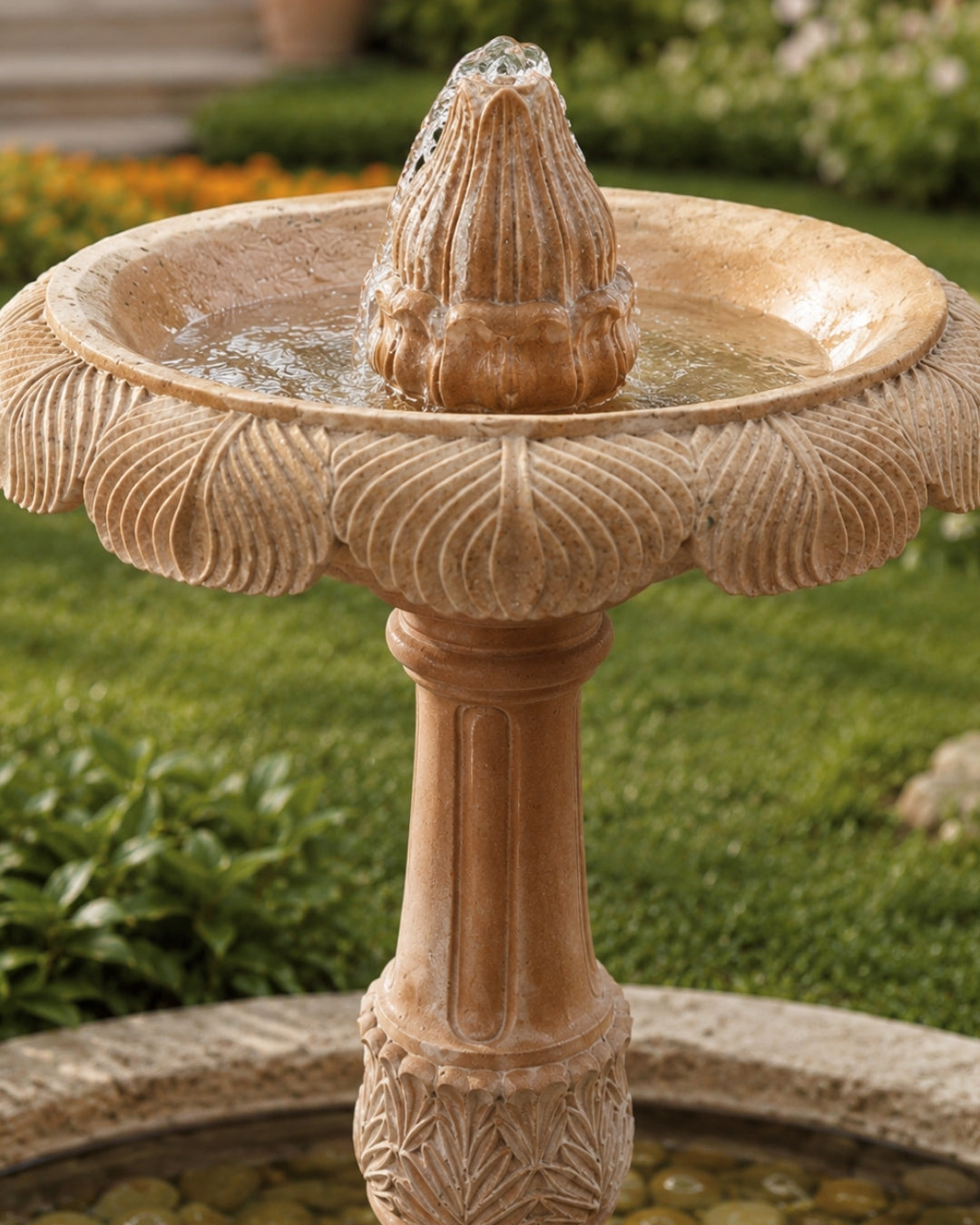 Hand-Carved Sandstone Garden Fountain with Lotus Petal Bowl Design