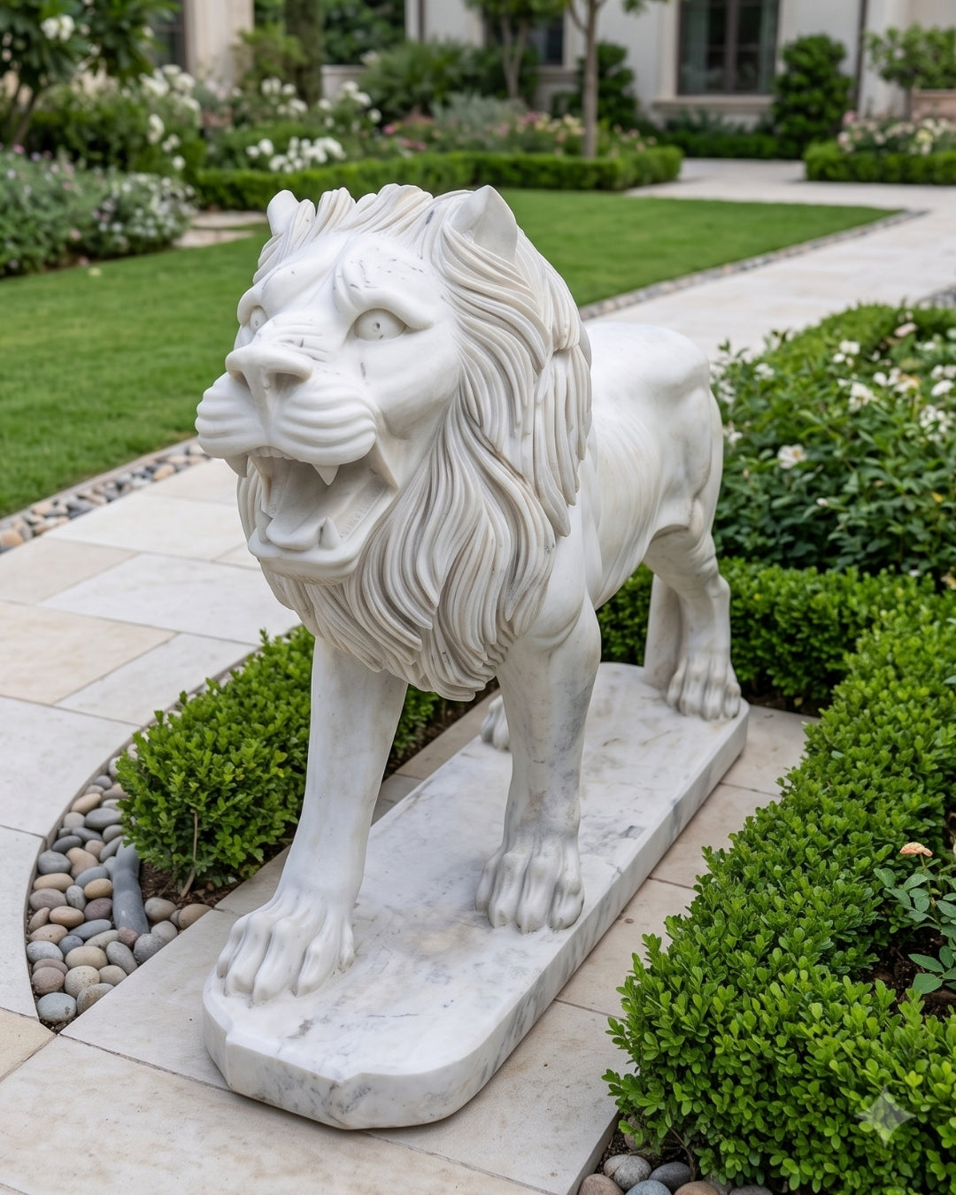 Hand-Carved White Marble Lion Statue for Garden & Entrance Décor