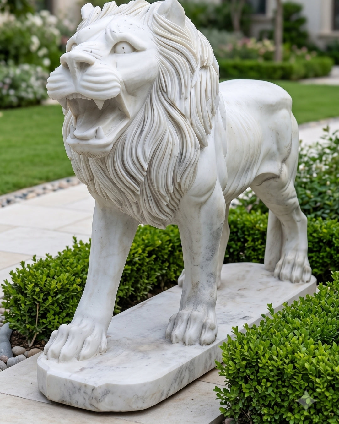 Hand-Carved White Marble Lion Statue for Garden & Entrance Décor