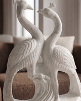 Hand-Carved White Marble Twin Peacock Sculpture