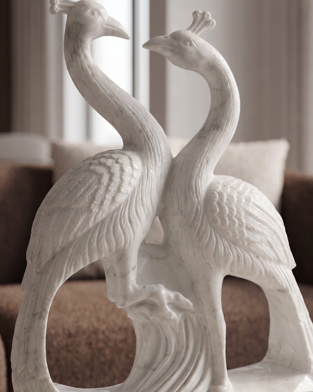 Hand-Carved White Marble Twin Peacock Sculpture