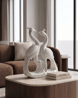 Hand-Carved White Marble Twin Peacock Sculpture