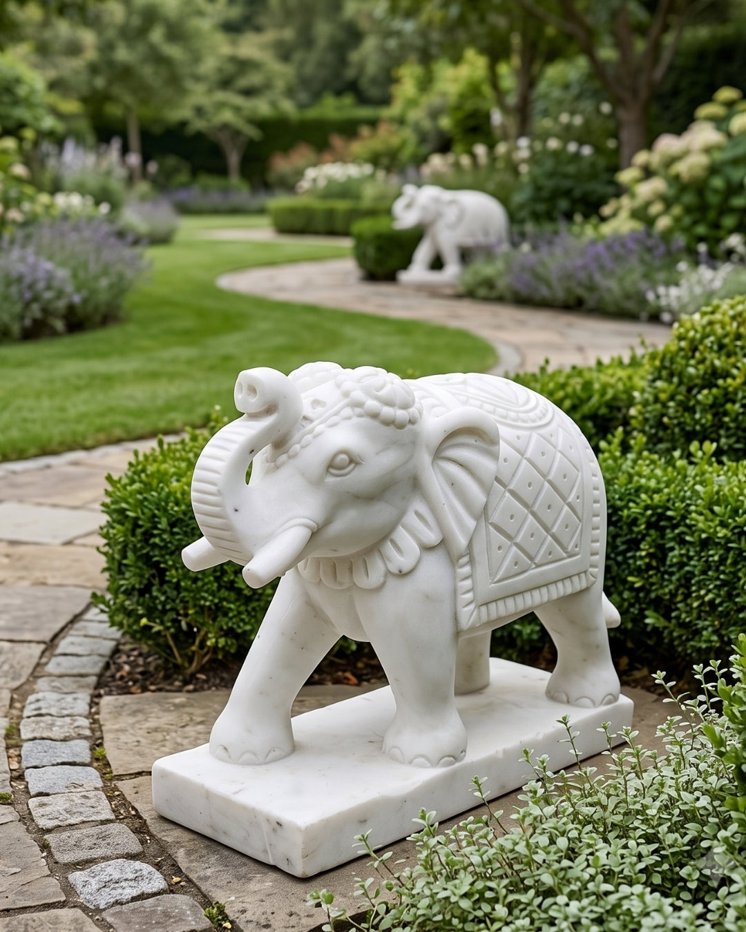 Hand-Carved White Marble Elephant Statue for Garden & Entrance Décor